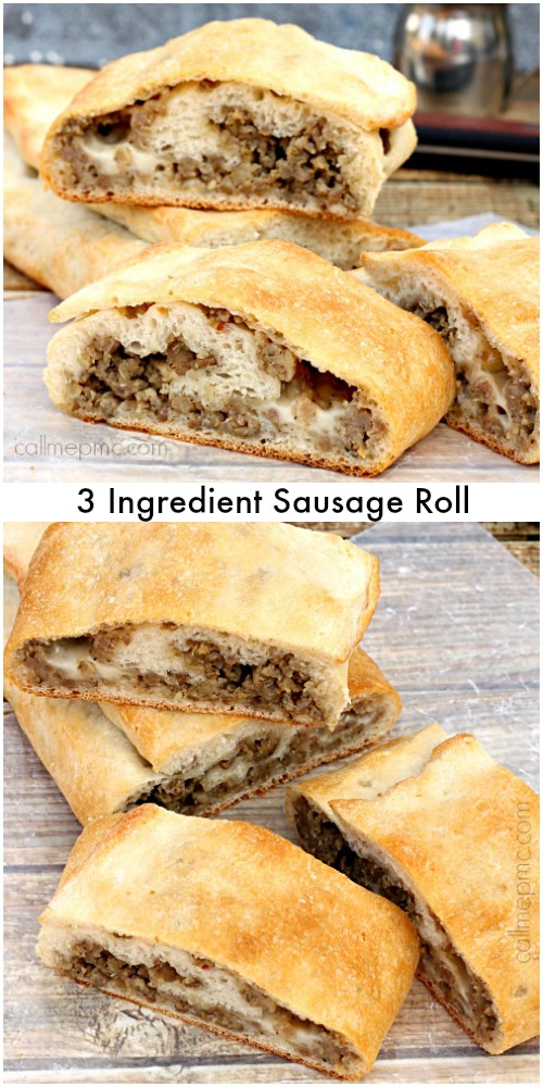 3 Ingredient Sausage Roll with cheese Sausage bread cut into slices on table.