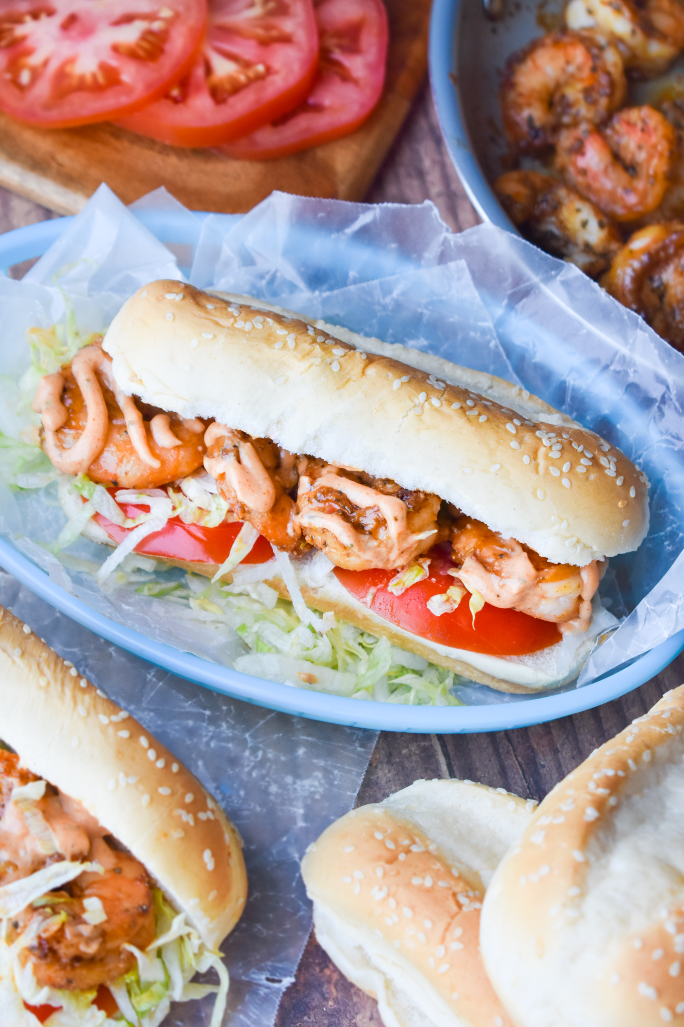 Shrimp Po' Boy Sandwich Recipe. easy, tasty, and a lighter version of the New Orleans popular sandwich recipe. It's full of bold flavor and spice! #shrimp #sandwich #recipe #poboy #creole #NOLA Shrimp Po' Boy Sandwich Recipe