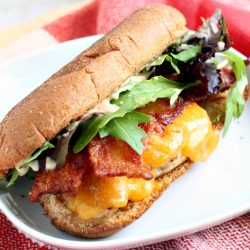 Sweet Tea Brined Chicken Cheddar Sandwich recipe - thicken breasts are brined in sweet tea then fried or grilled. Bacon, cheese, lettuce.