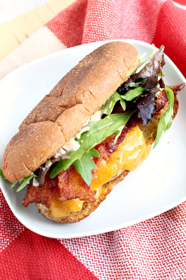 Sweet Tea Brined Chicken Cheddar Sandwich recipe - thicken breasts are brined in sweet tea then fried or grilled. Bacon, cheese, lettuce.