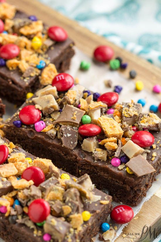 My new fave brownies, Candy Topped Brownies recipe are easy, dense, rich, and ultra-fudgy.