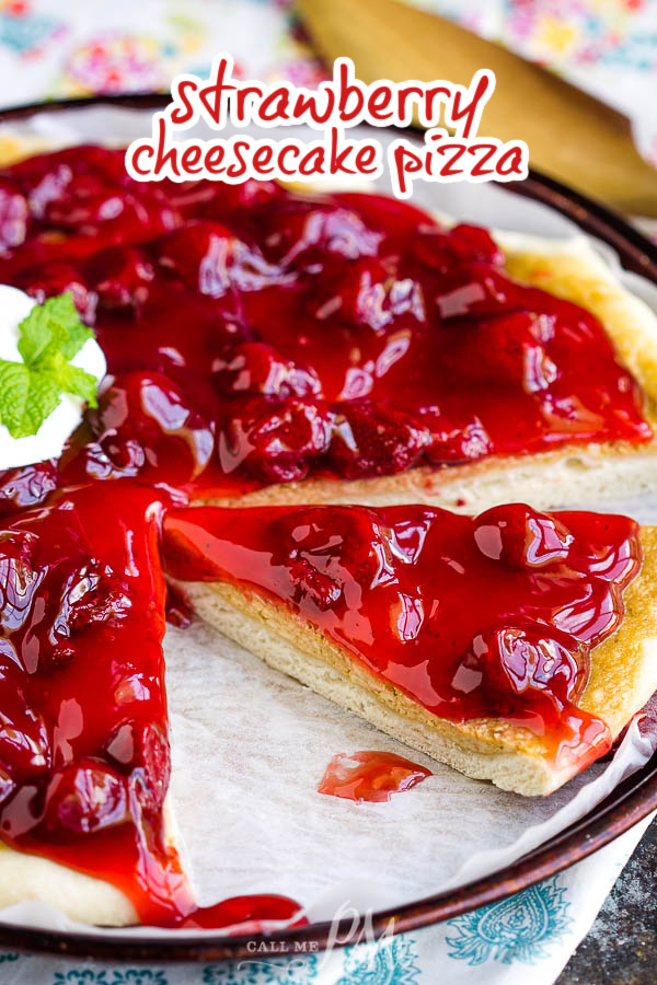 An easy recipe for a delicious dessert, Strawberry Cheesecake Pizza Recipe has a really yummy pizza crust topped with sweetened cream cheese and strawberry pie filling. #pizza #dessert #recipe #dessertpizza #strawberry #coconutsugar 