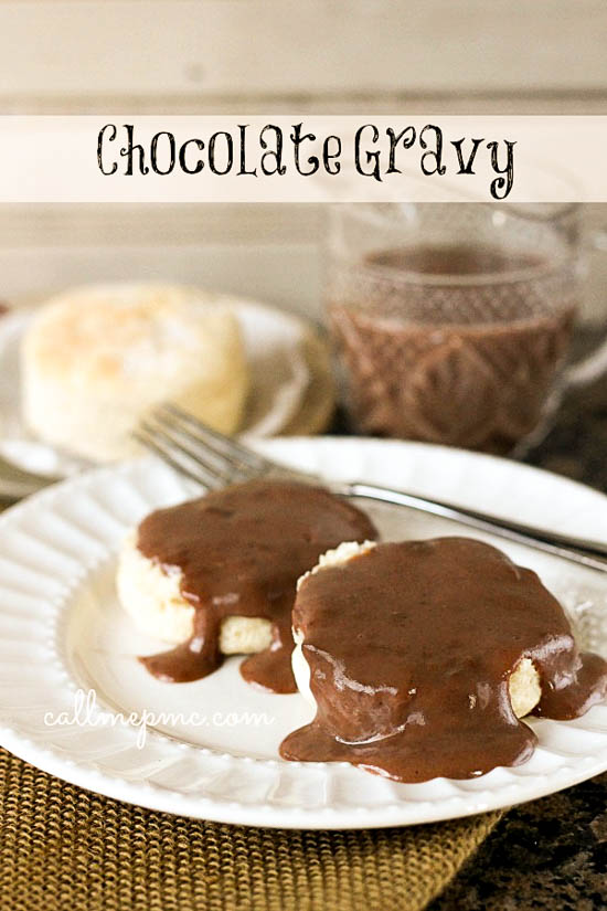 Chocolate Gravy is a Southern classic. It's a rich and buttery chocolate sauce that's best served warm over hot biscuits! Graphic collage for chocolate gravy recipe.