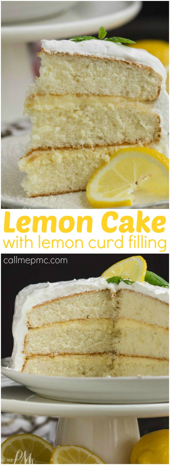 Lemon Cake is a tender white cake filled with tart lemon curd and covered with a fluffy whipped cream frosting.