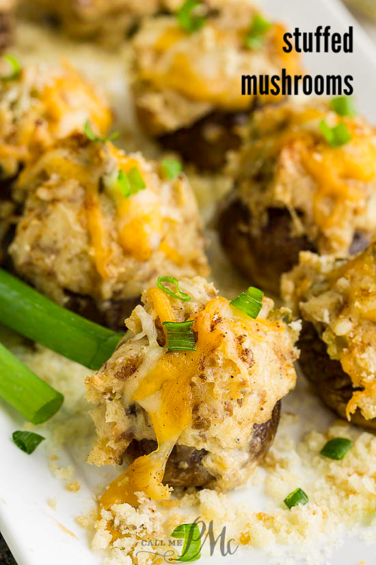 Stuffed Mushrooms are an easy make-ahead appetizer and are jam-packed with flavor from three kinds of cheese, herbs, and spices. #mushrooms #vegetarian #appetizer #recipe #creamcheese #breadcrumbs #makeahead #easy Appetizers on a plate