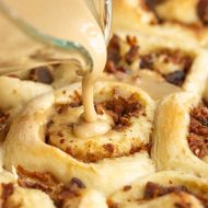Bacon Breakfast Rolls with Maple Glaze recipe - soft, tender yeast dough is filled with bacon & smothered in maple frosting. #breakfast #cinnamonrolls #bacon #maple #recipe #yeastdough #callmepmc