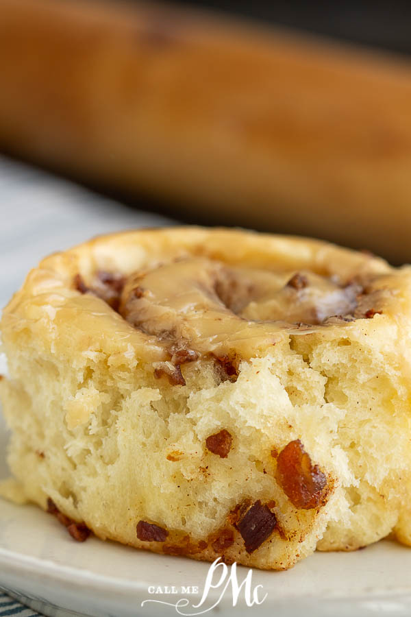 Bacon Breakfast Rolls with Maple Glaze recipe - soft, tender yeast dough is filled with bacon & smothered in maple frosting. #breakfast #cinnamonrolls #bacon #maple #recipe #yeastdough #callmepmc Bacon Breakfast Rolls with Maple Glaze