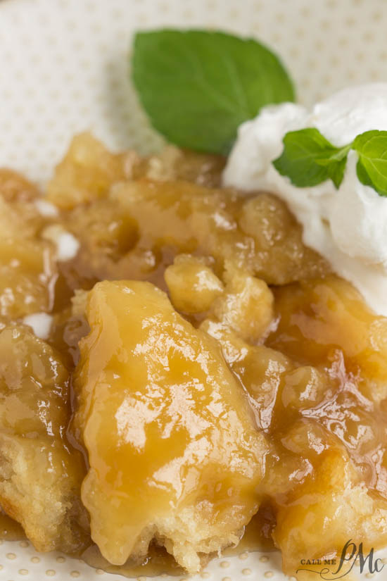 PMc's Caramel Cobbler is rich and buttery and takes just minutes to put together. Perfect for potluck and entertaining. This Caramel Cobbler has a decadent, self-made caramel sauce that you'll want to keep eating and eating! PMc\'s Caramel Cobbler
