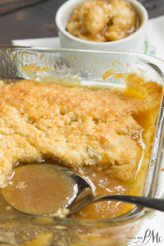 PMc's Caramel Cobbler is rich and buttery and takes just minutes to put together. Perfect for potluck and entertaining. This Caramel Cobbler has a decadent, self-made caramel sauce that you'll want to keep eating and eating! PMc's Caramel Cobbler