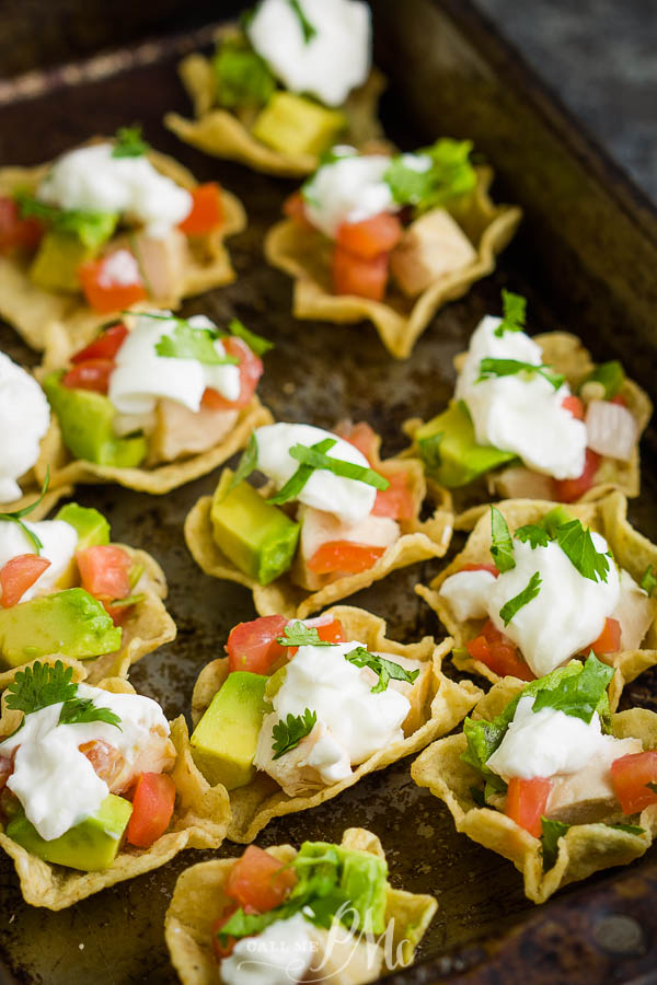 Tortillo scoops with chicken, tomatoes, sour cream Chicken Taco Bites