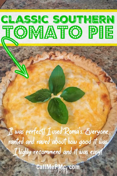A classic Southern Tomato Pie with a golden crust is topped with fresh basil leaves and sits on the countertop, capturing the essence of comforting Southern flavors. Text reads: "Classic Southern Tomato Pie.