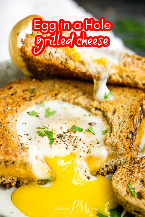Egg in a Hole Grilled Cheese a simple breakfast recipe of perfectly prepared sunny side up eggs in a grilled cheese sandwich. #grilled #cheese #egginahole #eggs #sunnysideup #grilledcheese #recipe #breakfast #sandwich