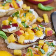 Sweet, Savory, Tangy, Crisp, and Creamy perfectly describes Peach Bruschetta. Slices of crusty, toasted baguette are topped with goat cheese, peaches, basil, and a drizzle of balsamic glaze.