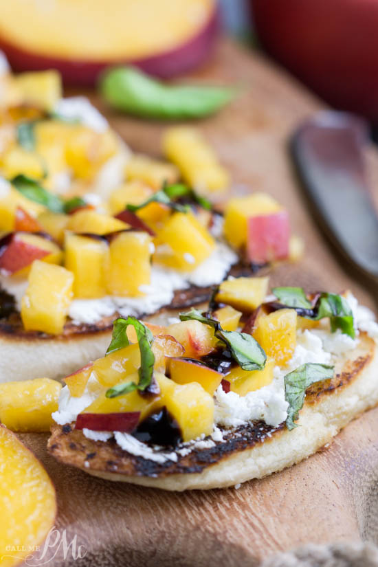 appetizer recipe. Sweet, Savory, Tangy, Crisp, and Creamy perfectly describes Grilled Peach Bruschetta.ย Slices of crusty, toasted baguette are topped with goat cheese, peaches, basil, and a drizzle of balsamic glaze. Peach Bruschetta