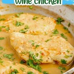 Creamy White Wine Chicken is creamy and hearty comfort food! Seared chicken breasts are smothered in a creamy sauce.