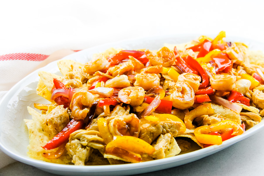 Chicken Shrimp Fajita Nachos 