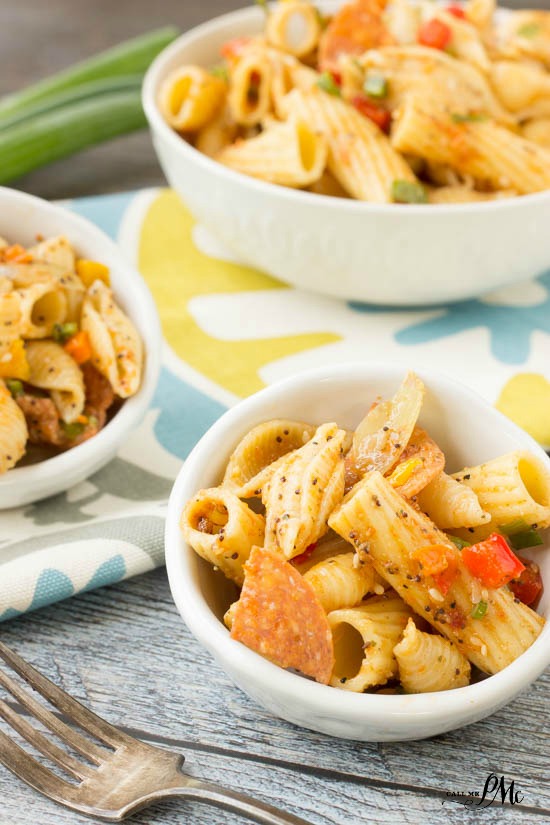 Good seasonings pasta salad in a white bowl.