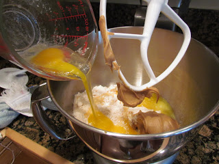 making chocolate peanut butter bars in a mixing bowl.