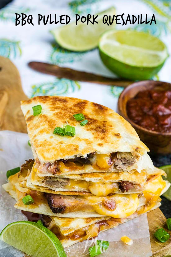 BBQ Pulled Pork Quesadilla, soft flour tortillas are filled with tender pulled smoked pork, spicy barbecue sauce, and gooey cheddar cheese. #bbq #pork #bbqpork #quesadilla #TexMex #cheese #bbqsauce #quickmeal #easymeal #Mexicanfood #food #eat #fastmeal #dinner #familyfavorite BBQ Pulled Pork Quesadilla