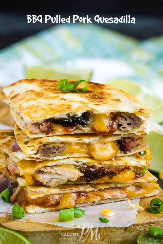 BBQ Pulled Pork Quesadilla, soft flour tortillas are filled with tender pulled smoked pork, spicy barbecue sauce, and gooey cheddar cheese. #bbq #pork #bbqpork #quesadilla #TexMex #cheese #bbqsauce #quickmeal #easymeal #Mexicanfood #food #eat #fastmeal #dinner #familyfavorite