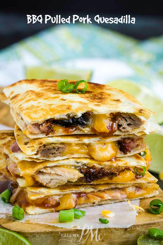 BBQ Pulled Pork Quesadilla, soft flour tortillas are filled with tender pulled smoked pork, spicy barbecue sauce, and gooey cheddar cheese. #bbq #pork #bbqpork #quesadilla #TexMex #cheese #bbqsauce #quickmeal #easymeal #Mexicanfood #food #eat #fastmeal #dinner #familyfavorite BBQ Pulled Pork Quesadilla