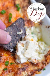 A person is enjoying some chicken dip by dipping a tortilla into it.