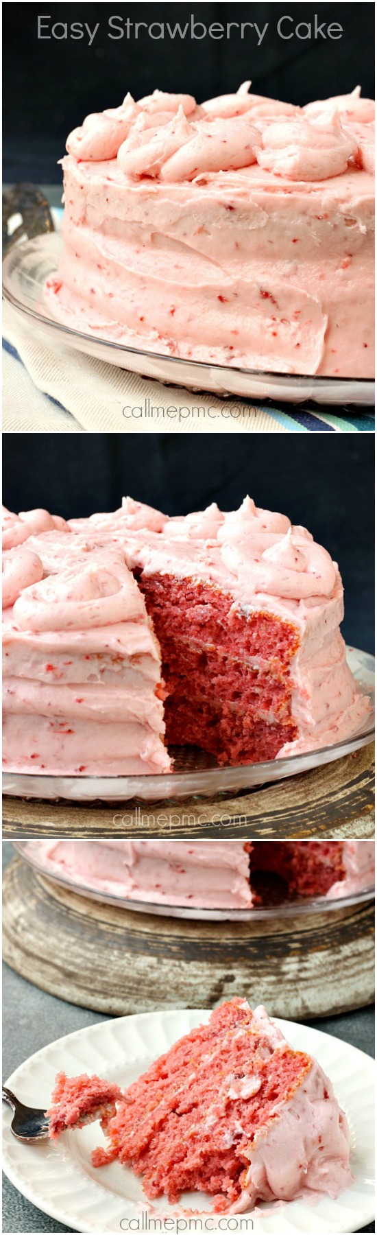 Easy Strawberry Cake tastes and looks like a bakery cake, but is easier than from-scratch! It's full of strawberries in the cake and the icing. This cake is 'easy' because it starts with a cake mix, but don't worry unless you tell no one will ever know, it tastes like homemade.