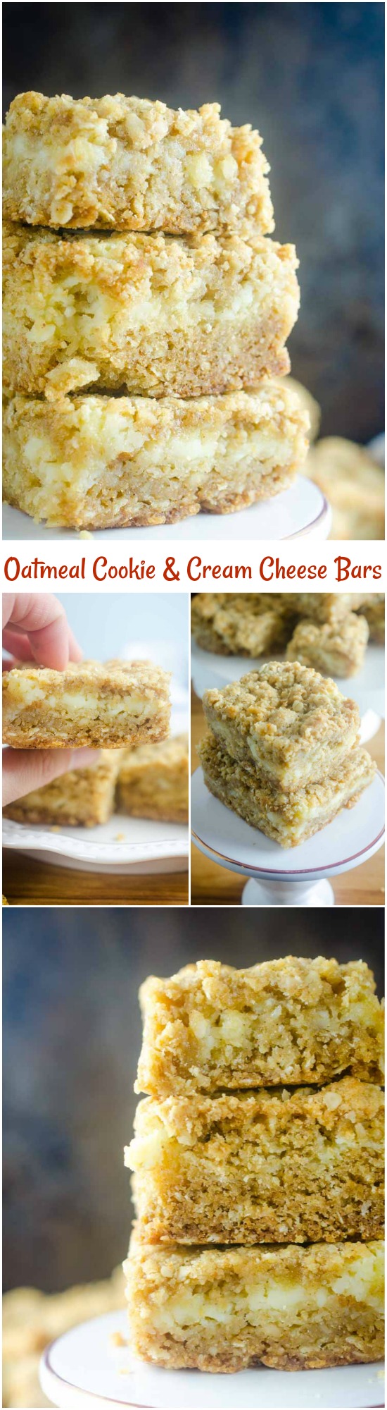 An oatmeal cookie and cheesecake collide in this Oatmeal Cookie and Cream Cheese Bars recipe. They are luscious, sweet, and can be made quickly and easily. #dessert #recipe #creamcheese #oats An oatmeal cookie and cheesecake collide in this Oatmeal Cookie and Cream Cheese Bars