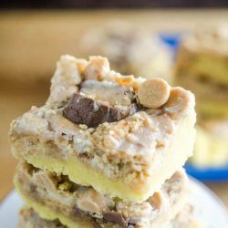 Peanut Butter Cookies stacked on top of each other to create delicious Peanut Butter Cookies and Cream Bars.