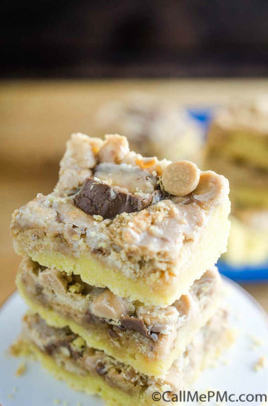 Peanut Butter Cookie bars stacked on top of each other to create delicious Peanut Butter Cookies and Cream Bars.