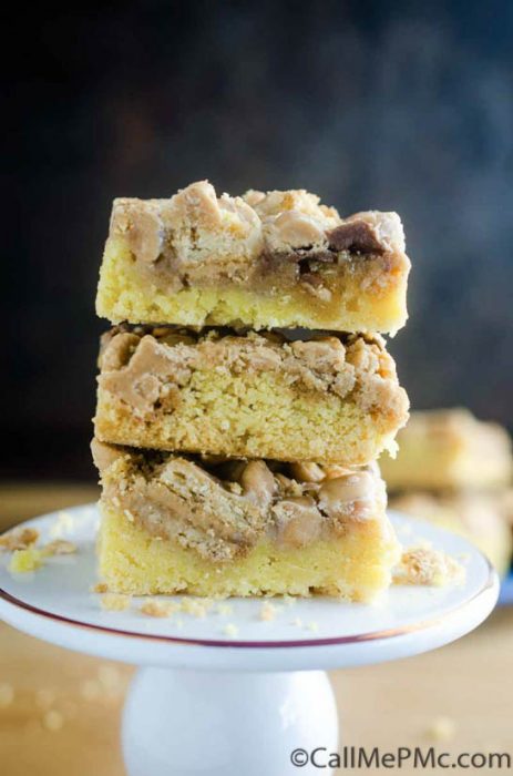 Peanut Butter Cookies and Cream Bars on a white plate.