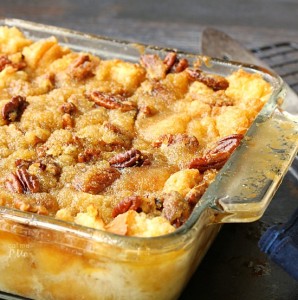 Pecan Pie Bread Pudding from callmepmc.com combining 2 classics this bread pudding dessert has a rich pecan pie topping.  