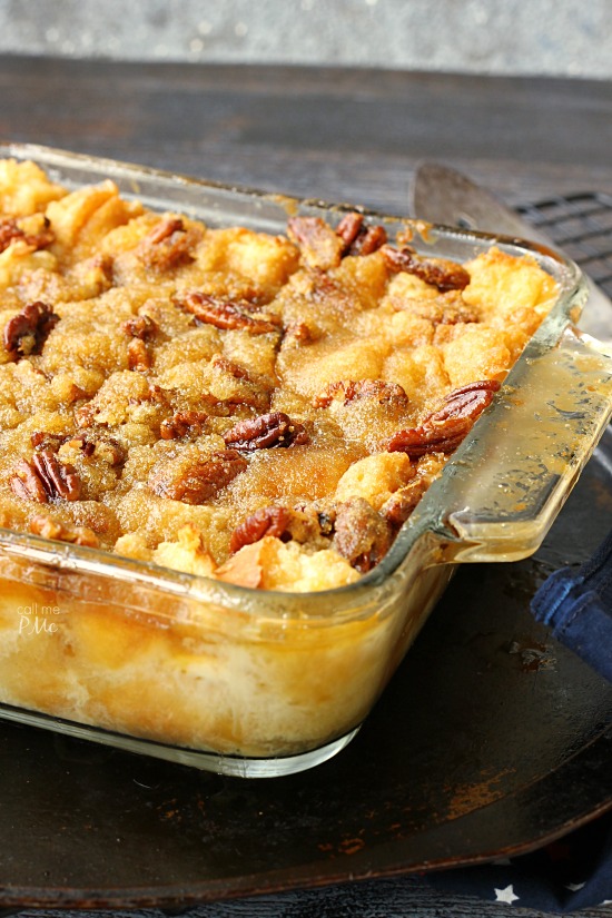 Pecan Pie Bread Pudding with self-made caramel sauce. Pecan Pie Bread Pudding is actually Pecan Pie without the crust. Instead it's poured over a delicious bread pudding and baked to perfection! Pecan Pie Bread Pudding