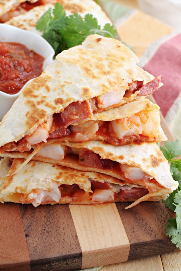 Chorizo Shrimp Quesadilla, dinner doesn't get much better or quicker than this recipe! This boldly flavored recipe is great as a snack, meal, or game day munchies. Chorizo Shrimp Quesadilla