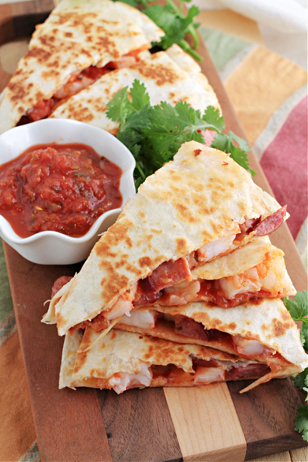 Chorizo Shrimp Quesadilla, dinner doesn't get much better or quicker than this recipe! This boldly flavored recipe is great as a snack, meal, or game day munchies.
