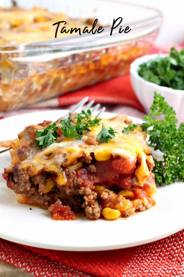 Tamale Pie recipe is quick and easy to make. A spicy beef mixture with Mexican flavors sits on top of creamy grits and replicates the familiar tamale taste an texture. #tamales #casserole #tamalepie #TexMex #recipe