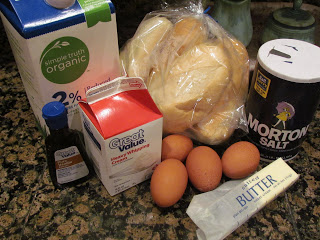 ingredients on kitchen counter for a bread pudding recipe.
