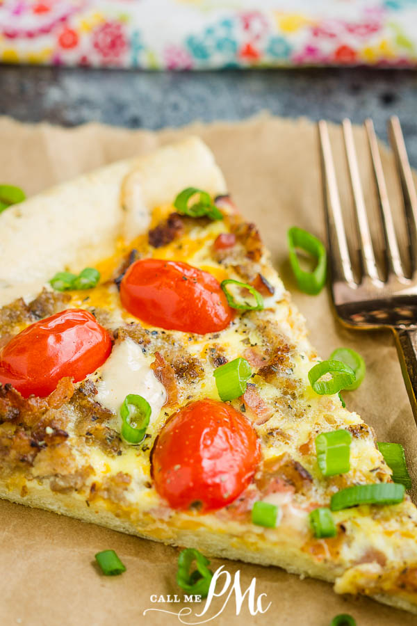 slice of Italian pie with green onions, sausage, bacon, eggs, cheese slice of Italian pie with green onions, sausage, bacon, eggs, cheese