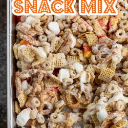 Halloween Snack Mix is a great snack mix to satisfy your snack-time cravings. It's crazy delicious and has all the things...It's sweet, salty, and crunchy. 