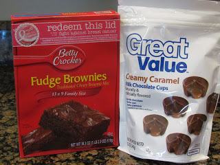 packages of fudge brownie mix and caramel cups.