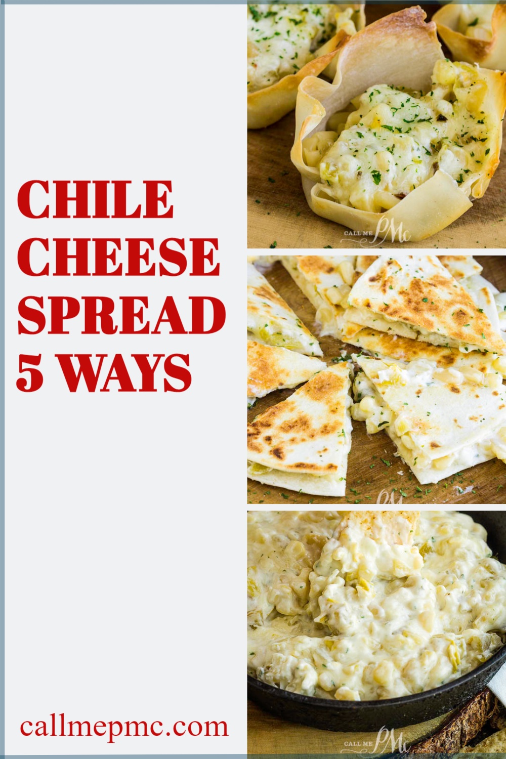 collage of 3 recipes Chile Cheese Spread Five Ways takes a basic spread or dip & uses it in different recipes. It's easy to make and has great flavors.