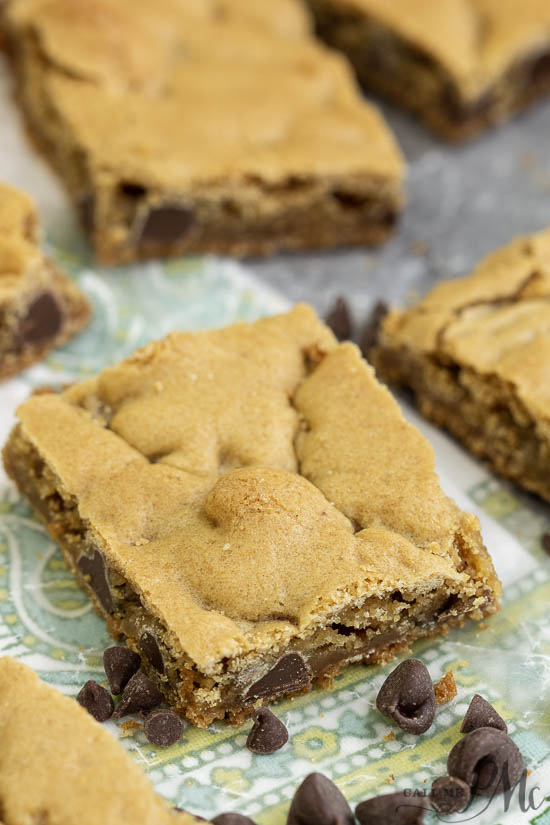 Chocolate chip pan cookies, cut into squares.