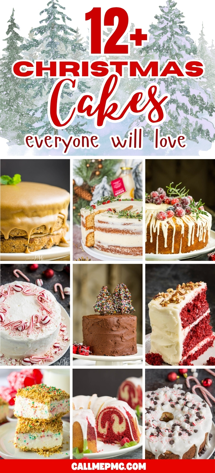 Collage of festive desserts, including decorated bundt cakes, red velvet cake, peppermint cakes, and cakes topped with icing, candies, and holiday sprinkle.