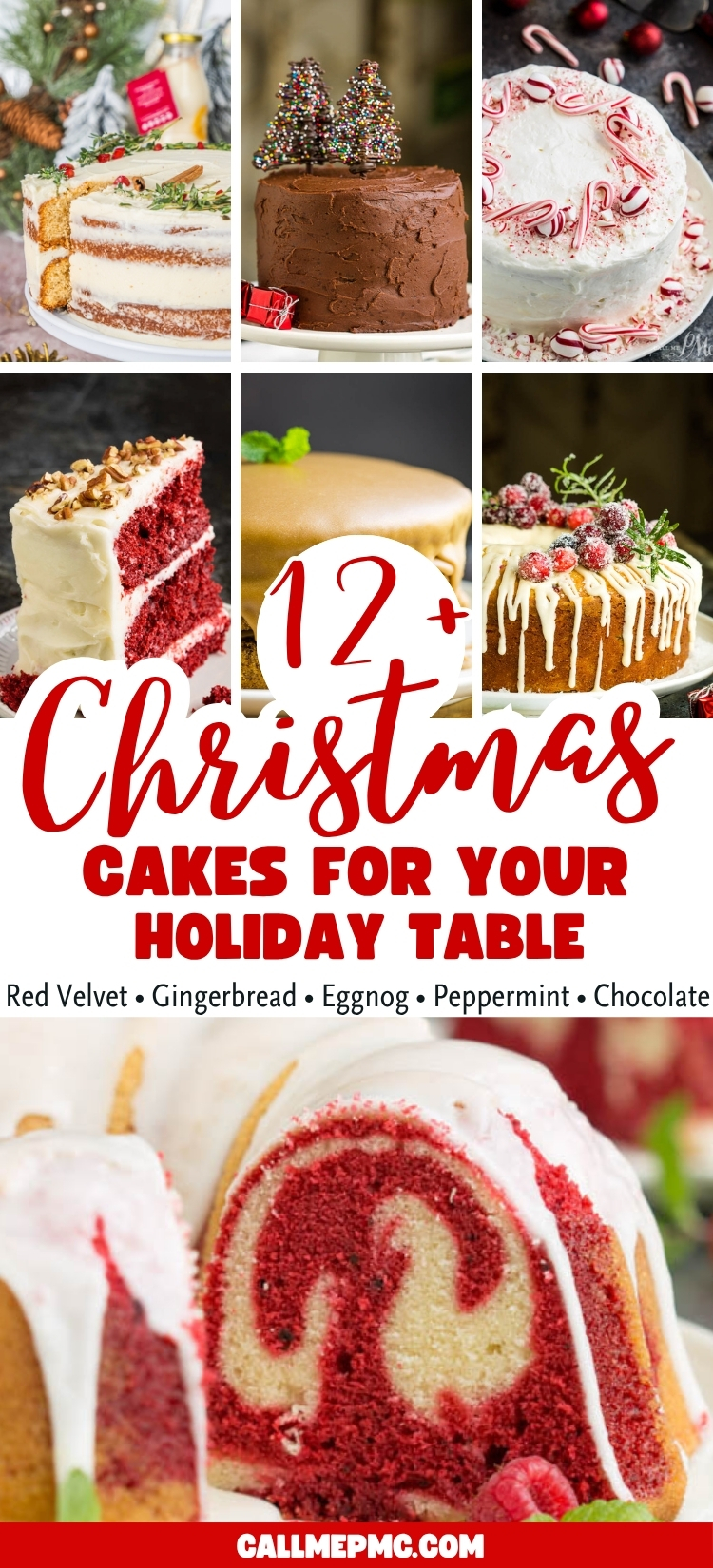 A collage of festive desserts, including red velvet, gingerbread, and peppermint flavors, decorated with holiday toppings.
