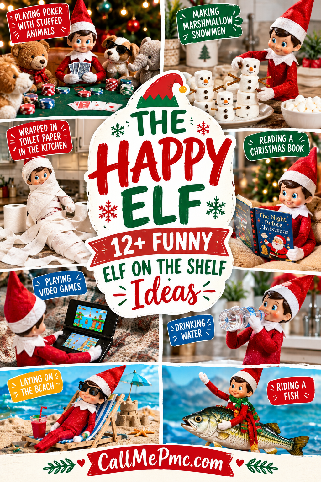 Collage showing The Happy Elf on the Shelf doing various activities, such as playing poker, making snowmen, reading, lounging on a beach, riding a fish, drinking water, playing video games, and wrapped in toilet paper.