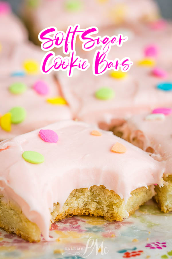 Frosted Sugar Cookie Bars have a super soft cookie base with a luxuriously thick and creamy buttercream frosting on top! #recipe #easy #sheetpan #frosted #Lofthouse #creamcheese #Easter #Christmas Frosted Sugar Cookie Bars