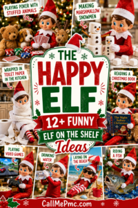 Collage of The Happy Elf on the Shelf dolls doing activities: playing poker with stuffed animals, making marshmallow snowmen, reading, wrapped in toilet paper, playing video games, drinking water, laying on the beach, riding a fish.