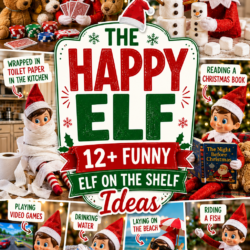 Collage of The Happy Elf on the Shelf dolls doing activities: playing poker with stuffed animals, making marshmallow snowmen, reading, wrapped in toilet paper, playing video games, drinking water, laying on the beach, riding a fish.
