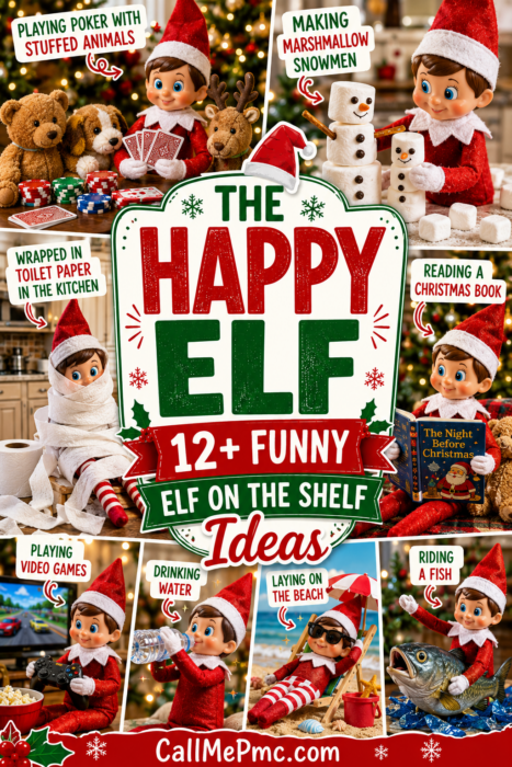 Collage of The Happy Elf on the Shelf dolls doing activities: playing poker with stuffed animals, making marshmallow snowmen, reading, wrapped in toilet paper, playing video games, drinking water, laying on the beach, riding a fish.