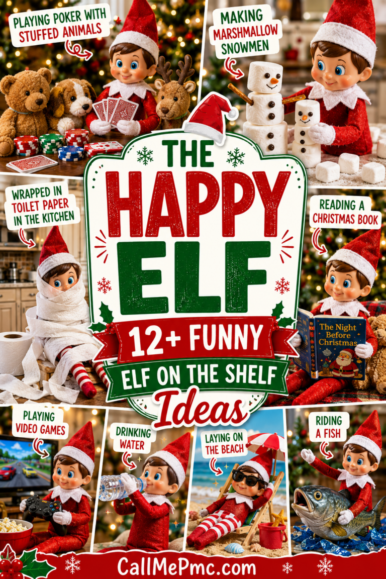 Collage of The Happy Elf on the Shelf dolls doing activities: playing poker with stuffed animals, making marshmallow snowmen, reading, wrapped in toilet paper, playing video games, drinking water, laying on the beach, riding a fish.